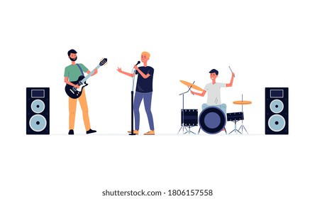 Fiesta de verano o concierto al aire libre. La banda de músicos y cantantes actuando en escena al aire libre. Ilustración vectorial plana aislada en un fondo blanco.