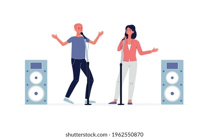 Summer party or concert in open air. The band of musicians and singer performing on outdoor scene. Flat vector illustration isolated on a white background