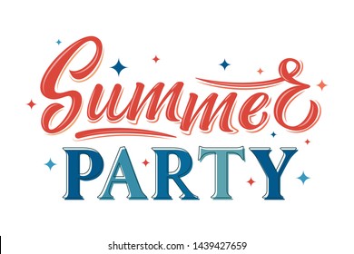 Summer party. Coral and blue hand drawn lettering phrase with stars isolated on white background. Design element for poster, banner, flyer, postcard. Vector illustration