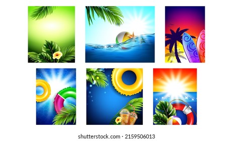 Summer Party Creative Promo Posters Set Vector. Music Summer Party At Seashore Or Swimming Pool Advertise Banners. Event For Enjoy Drinks And Vacation Style Concept Template Realistic 3d Illustrations