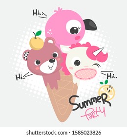 Summer party with cute flamingo, bear and unicorn in ice cream cone vector illustration.