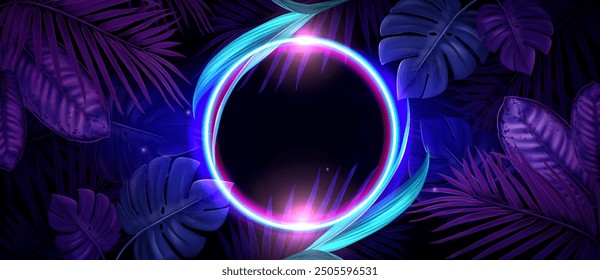 Summer party dark purple and blue banner template with tropic leaves and neon glow circle frame. Realistic vector bright background with exotic tropical plant foliage and fluorescent round border.