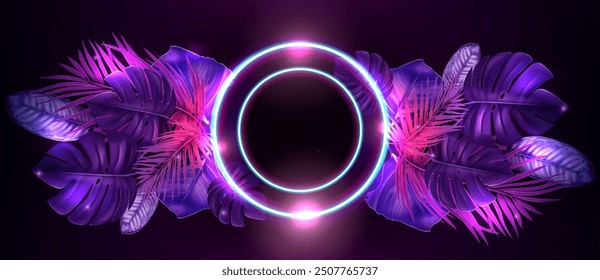 Summer party dark purple and pink banner template with tropic leaves and neon glow circle frame. Realistic vector bright background with exotic tropical plant foliage and fluorescent round border.