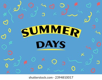 Fiesta de verano, fondo de los días de verano colorido con garabatos.  Diseño vectorial con letras dibujadas a mano en verano.