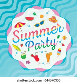 Summer party decorated with fruits, drink and accessories on water wave background.