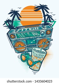 Summer party decorative design - boombox, drink, sunglasses and palms on sunset 