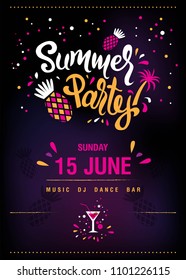 Summer party design poster or flyer on night background. Night club poster template. Vector illustration EPS 10.