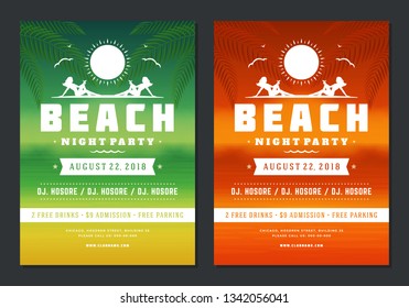 Summer party design poster or flyer night club event modern typography and seascape background. Vector template illustration.