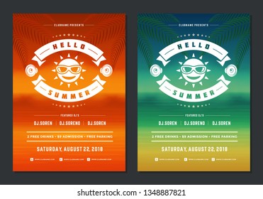 Summer party design poster or flyer night club event modern typography and seascape background. Vector template illustration.