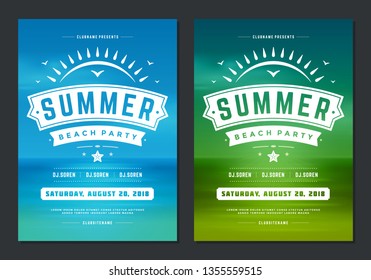 Summer party design poster or flyer night club event modern typography and seascape background. Vector template illustration.