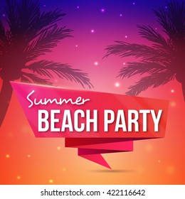 Summer party design poster or flyer. Beach summer party. Bright design for sales, discounts and promotions. Banner with palms.