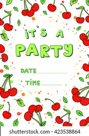 Summer party design poster, greeting card or flyer decorated with colorful cherry. Vector template illustration. Happy Birthday Invitation. Sweet cartoon vector. Party invitation.Hand lettering