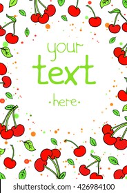 Summer party design poster, greeting card or flyer decorated with colorful cherry. Vector template illustration. Happy Birthday Invitation. Sweet cartoon vector. Party invitation. Hand lettering.