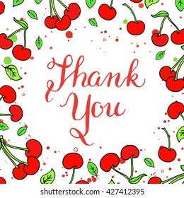 Summer party design poster, greeting card or flyer decorated with colorful cherry. Vector template illustration.Thank you Invitation. Sweet cartoon vector. Party invitation.Hand lettering