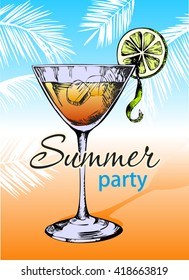 Summer party design poster. Night club event typography. Happy holiday card with cocktail. Vector illustration.