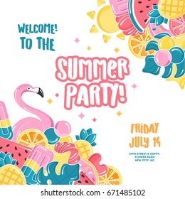 Summer party design template. Balloons set. Flamingo, ice cream, watermelon, sun, monstera, pineapple. Vector illustration