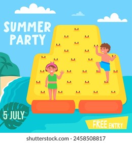 Summer party design template for kids.  Happy children playing on inflatable climbing wall attraction