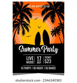 Summer party design template for vacation season with surfboards on the beach under the palm trees during sunset. Vector tropical and exotic summer party invitation flyer, banner or poster.