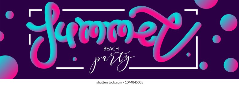 Summer party disco dance. Horizontal neon blend banner. Vector line illustration poster. Ultraviolet color dynamic futuristic minimalism design. Gradient motion fluid purple ultra violet wave