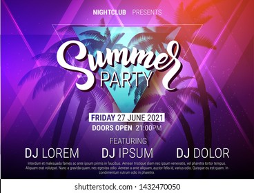 Summer party disco poster with lettering, palm trees on beachside and laser beams in trendy neon colors. Vector backround.