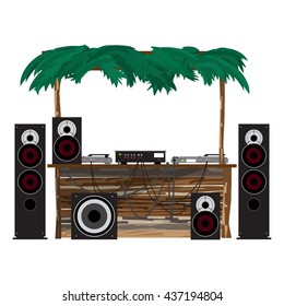 Summer party: dj console on the beach. Equipment for disco in a wooden bungalow. Set of loudspeakers, subwoofer, turntables, a mixer for a disco on the beach. Vector flat cartoon isolated illustration