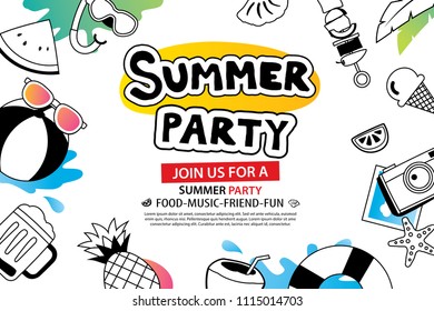 Summer party with doodle icon and design on white background. Invitation poster in hand drawn style. Use for labels, card, tag, stickers, badges, flyer, banner, vector illustration.