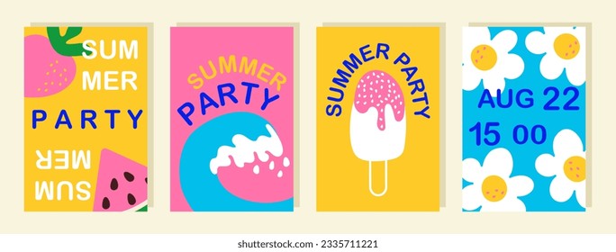 Summer party doodle posters set. Cute simple fruits, sea wave, ice cream, flowers and text. Abstract childish vertical banners, flyers. Vector illustration, elements are isolated