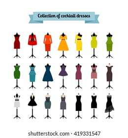 Summer party dresses or cocktail party dresses. Vector dresses icons set