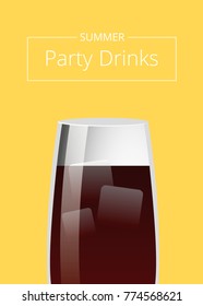 Summer party drinks promo poster with cocktail made of vodka and cola with ice closeup view vector illustration on yellow background