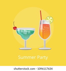 Summer party drinks types elite cocktails with straws decorated by fruits, margarita and refreshing alcohol beverage orange juice vector illustrations