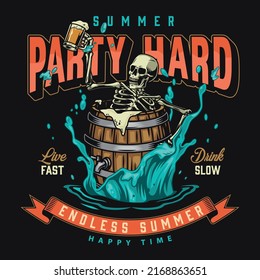 Summer party element colorful vintage skeleton of party-goer in barrel of booze during hard hangout with beer vector illustration