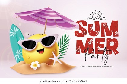 Summer party emoji clipart design. Summer party text with emoji character in happy and cute face sunny day tropical background. Vector illustration holiday season emoticon clip art.
