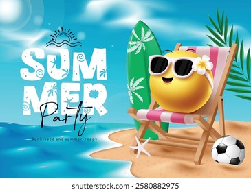 Summer party emoji clipart design. Summer party text with emoji character sitting on beach chair in outdoor sunny day beach background. Vector illustration tropical season emoticon clip art.