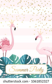 Summer party event poster card template. Exotic flamingo birds couple wearing crown. Tropical monstera green leaves bottom frame decoration. Golden confetti rain. White pink stripes background.