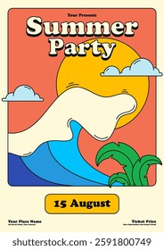 Summer party festival poster template background. Wave and ocean scene flat design. Can be use for invitation, brochure, publication, print, banner, leaflet, flyer, book cover, vector illustration