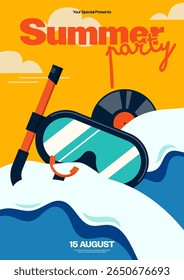 Fundo de design de modelo de cartaz de festival de festa de verão. Mar tropical com snorkel e disco de vinil. Pode ser usado para convite, brochura, impressão, banner, folheto, folheto, ilustração vetorial