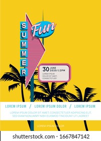 Summer party or festival poster vector template with retro motel sign and palm trees in background. Summer holiday symbol, space for copy, date and lineup. Eps10 illustration.