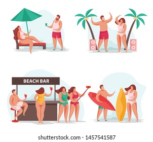 Summer party flat 4x1 set of isolated compositions with human characters of resting people leisure activities vector illustration 