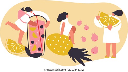 Summer party with flat people character, fruits, tropical fresh beverage. Tiny woman enjoy the watermelon. Summer party concept. Editable vector illustration for invitation,postcard, website.