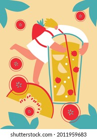 Summer party with flat people character, fruits, tropical fresh beverage. Tiny woman and berries. Summer party concept. Editable vector illustration for invitation, postcard, website.