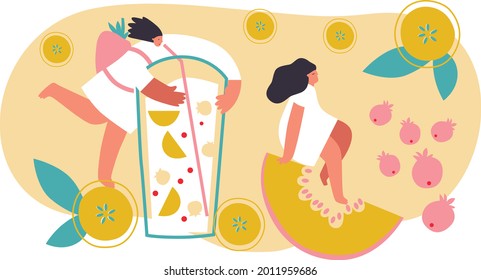 Summer party with flat people character, fruits, tropical fresh beverage. Tiny woman and berries. Summer party concept. Editable vector illustration for invitation, postcard, website.
