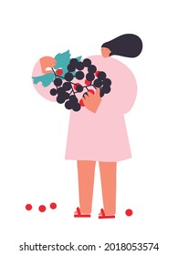Fiesta de verano con carácter de gente llana, frutas, refrescos tropicales. La pequeña mujer disfruta de la uva. Concepto de fiesta de verano. Ilustración vectorial editable para invitación, postal, sitio web.