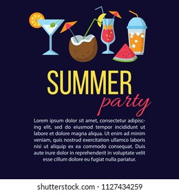 Summer party flat poster with set of various cocktails drinks beverages vector illustration. Creative design for summer beach soiree invitation bar menu of alcohol non-alcohol drinks. Place for text