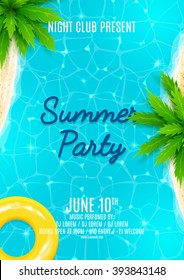 Summer party flyer. Beautiful background on the sea topic with shore, water and palm trees. Vector illustration.