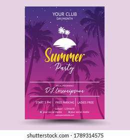 summer party flyer with coconut tree silhouette background