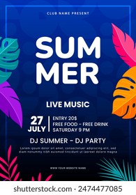 Summer party flyer design with tropical leaves. Summer Holiday Celebration. Beach party event poster template. Vector illustration