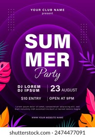 Summer party flyer design with tropical leaves. Summer Holiday Celebration. Beach party event poster template. Vector illustration