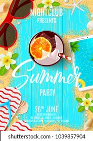 Summer party flyer invitation. Top view on summer decoration with fresh cocktail, flip flops and red sun glasses on wooden texture. Vector illustration. Invite to nightclub.