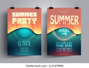 Summer party flyer or poster layout template with background from colorful waves. Musical electro concert in the style of house,dubstep,techno,minimal,trance,Drum and Bass,Indie rock.