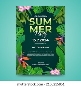 Summer Party Flyer Or Poster Template With Flower And Tropical Leaves.